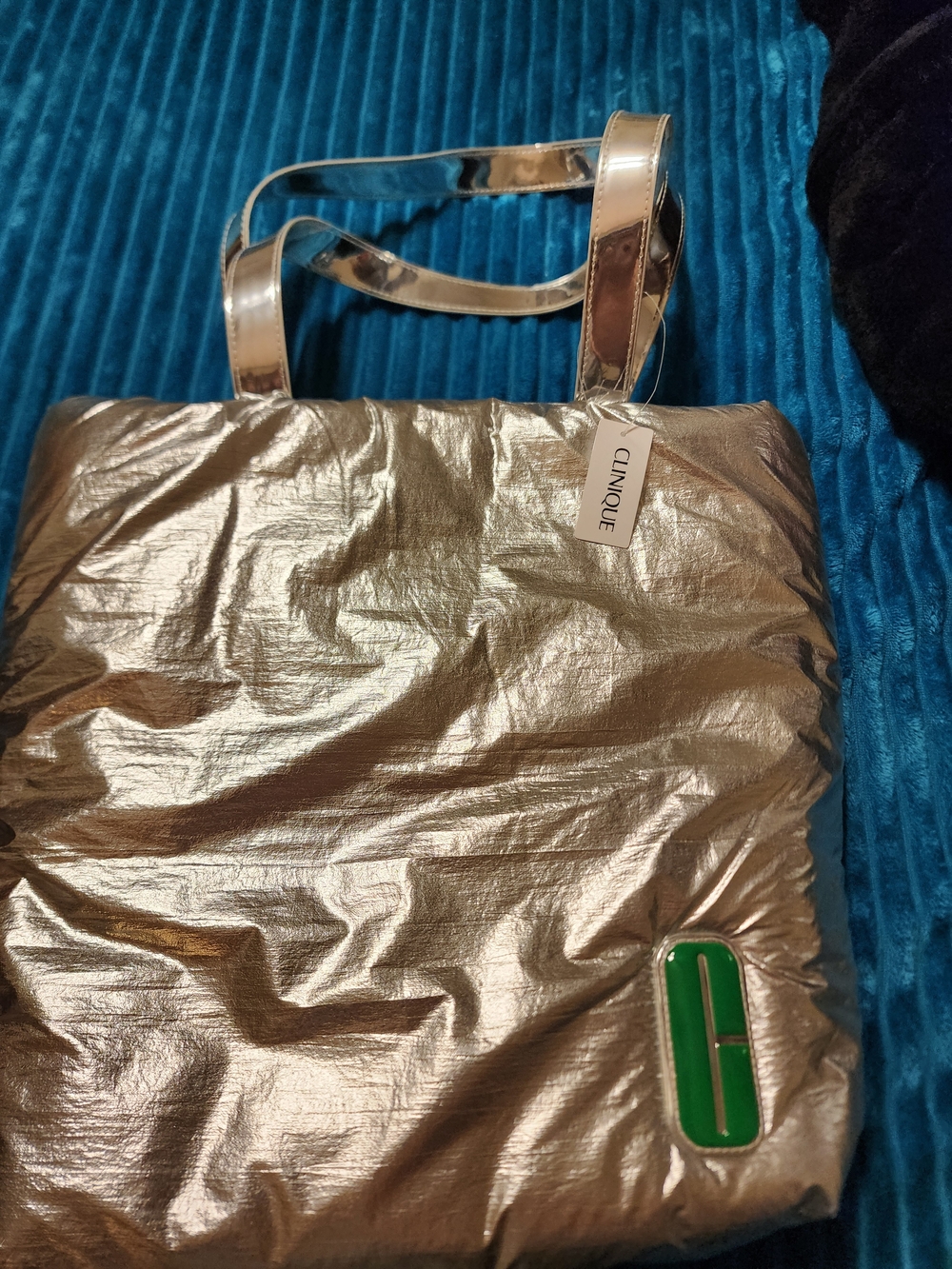 Clinique NWT Metallic Silver Tote Bag